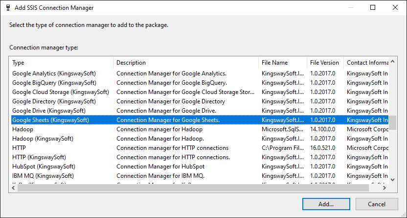Add SSIS Google Sheets Connection